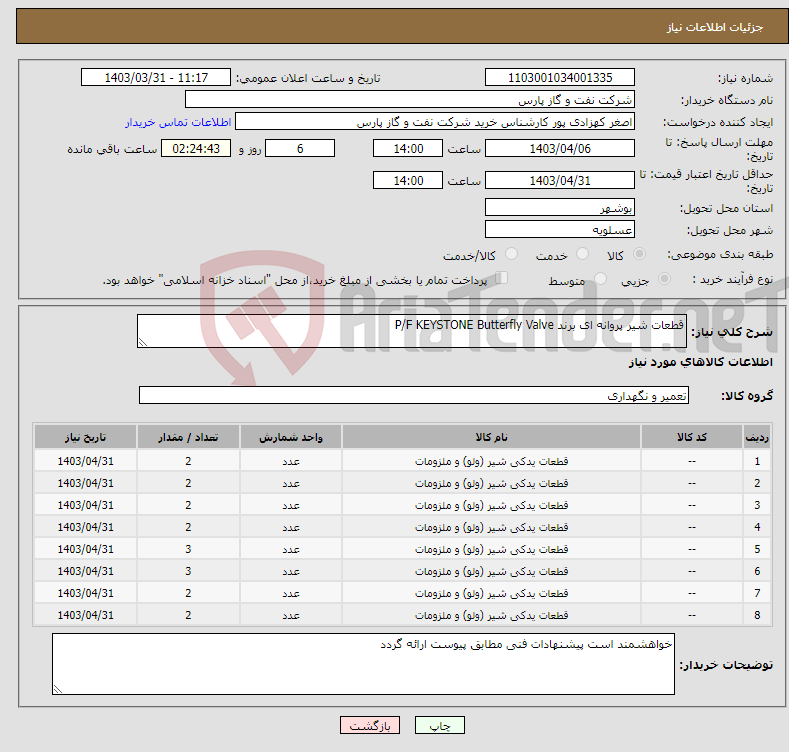 تصویر کوچک آگهی نیاز انتخاب تامین کننده-قطعات شیر پروانه ای برند P/F KEYSTONE Butterfly Valve