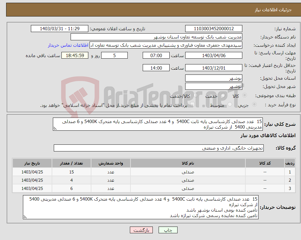 تصویر کوچک آگهی نیاز انتخاب تامین کننده-15 عدد صندلی کارشناسی پایه ثابت 5400C و 4 عدد صندلی کارشناسی پایه متحرک 5400K و 6 صندلی مدیریتی 5400 از شرکت تیراژه