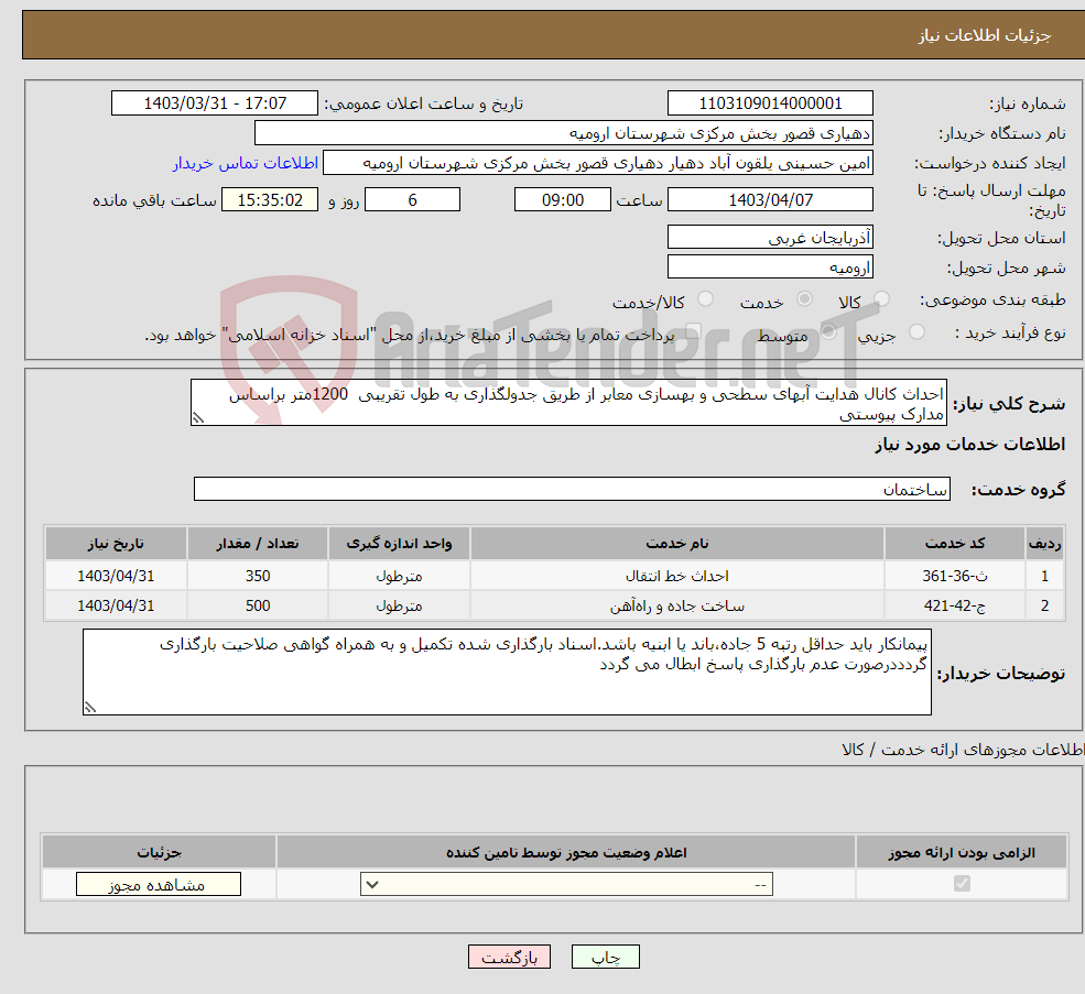 تصویر کوچک آگهی نیاز انتخاب تامین کننده-احداث کانال هدایت آبهای سطحی و بهسازی معابر از طریق جدولگذاری به طول تقریبی 1200متر براساس مدارک پیوستی