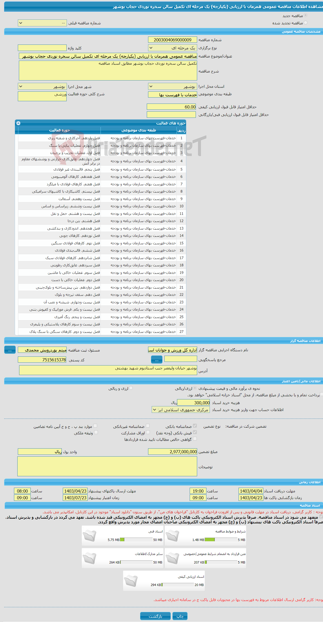 تصویر کوچک آگهی مناقصه عمومی همزمان با ارزیابی (یکپارچه) یک مرحله ای تکمیل سالن سخره نوردی حجاب بوشهر