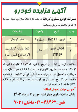 تصویر کوچک آگهی فروش اقلام مازاد :
1- خودرو BYD F۳ مدل ۹۷ صفر کیلومتر
2- قطعات خودرو BYD S6 سالم شامل شیشه کاتالیست، اگزوز، انواع فیلتر و غیره