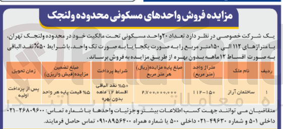 تصویر کوچک آگهی فروش تعداد 20 واحد مسکونی تحت مالکیت خود در محدوده ولنجک 