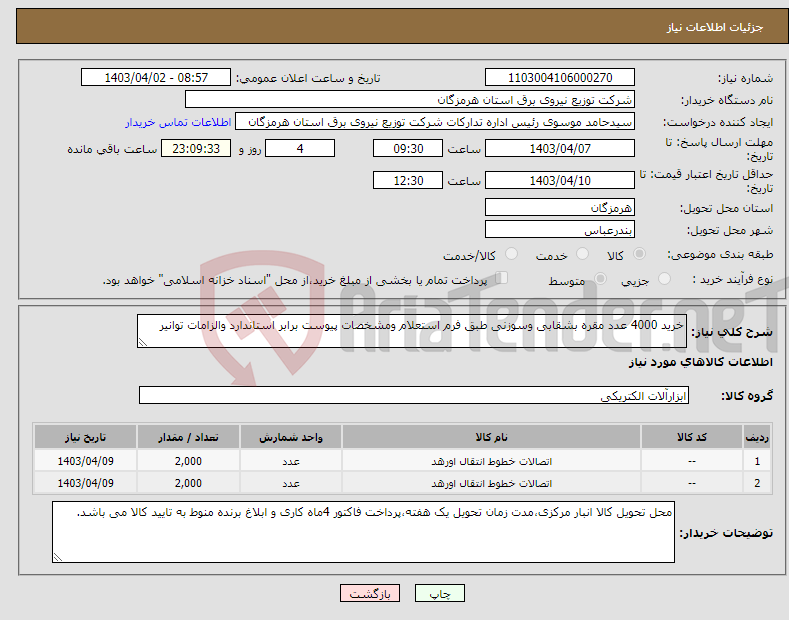 تصویر کوچک آگهی نیاز انتخاب تامین کننده-خرید 4000 عدد مقره بشقابی وسوزنی طبق فرم استعلام ومشخصات پیوست برابر استاندارد والزامات توانیر