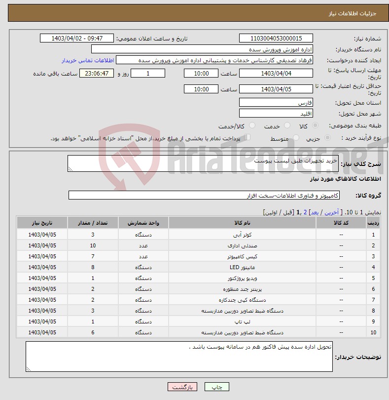 تصویر کوچک آگهی نیاز انتخاب تامین کننده-خرید تجهیزات طبق لیست پیوست