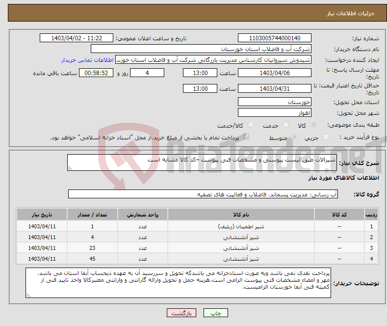 تصویر کوچک آگهی نیاز انتخاب تامین کننده-شیرالات طبق لیست پیوستی و مشخصات فنی پیوست –کد کالا مشابه است
