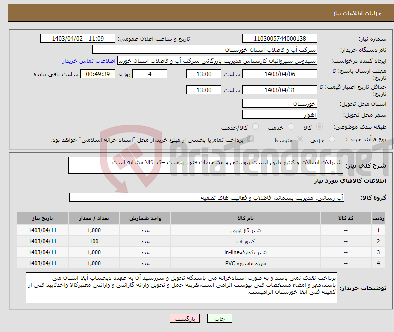 تصویر کوچک آگهی نیاز انتخاب تامین کننده-شیرالات اتصالات و کنتور طبق لیست پیوستی و مشخصات فنی پیوست –کد کالا مشابه است
