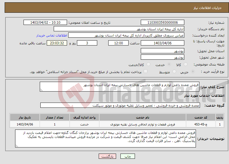 تصویر کوچک آگهی نیاز انتخاب تامین کننده-فروش عمده داغی لوازم و قطعات ماشین های خسارتی بیمه ایران استان بوشهر