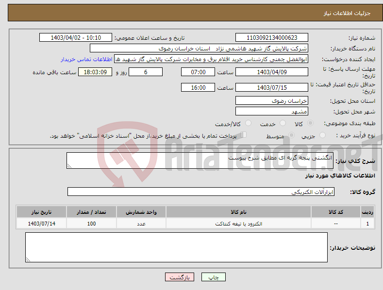 تصویر کوچک آگهی نیاز انتخاب تامین کننده-انگشتی پنجه گربه ای مطابق شرح پیوست