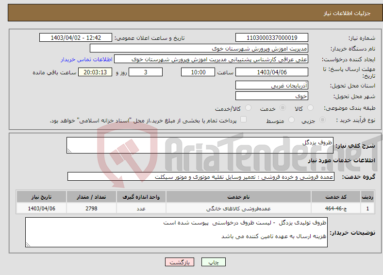 تصویر کوچک آگهی نیاز انتخاب تامین کننده-ظروف یزدگل 