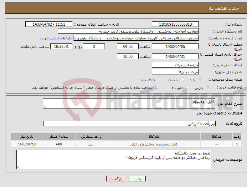 تصویر کوچک آگهی نیاز انتخاب تامین کننده-کابل آلومینیوم