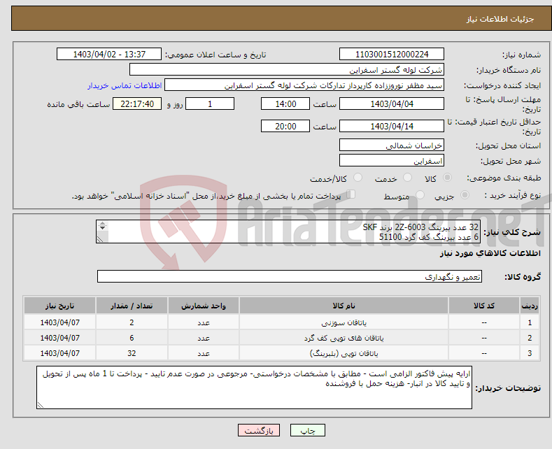 تصویر کوچک آگهی نیاز انتخاب تامین کننده-32 عدد بیرینگ 6003-2Z برند SKF 6 عدد بیرینگ کف گرد 51100 رولبرینگ 29/20 -NKI