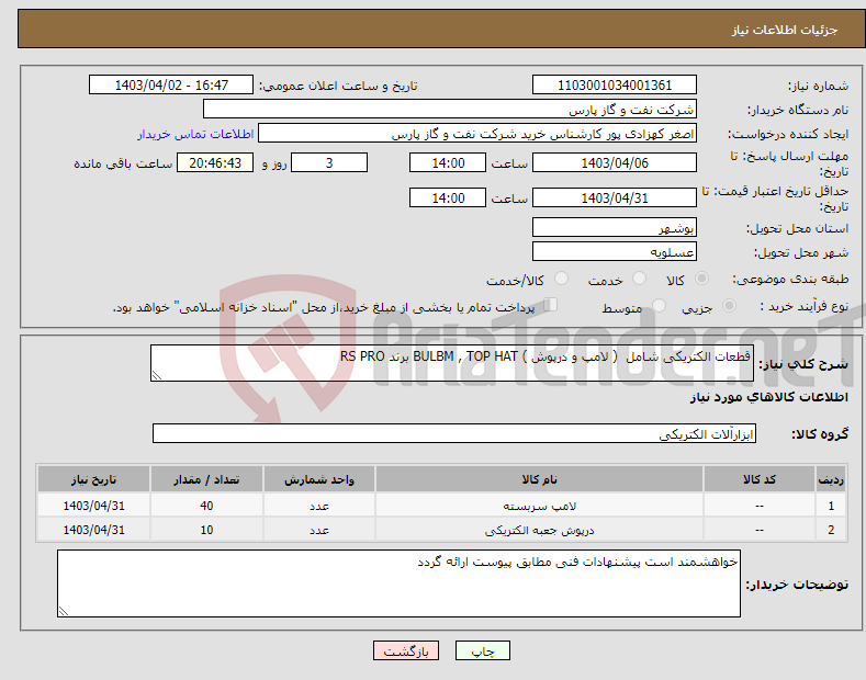 تصویر کوچک آگهی نیاز انتخاب تامین کننده-قطعات الکتریکی شامل ( لامپ و درپوش ) BULBM , TOP HAT برند RS PRO