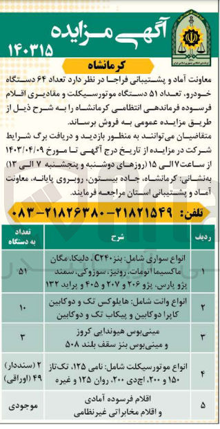 تصویر کوچک آگهی فروش تعداد ۶۴ دستگاه خودرو تعداد ۵۱ دستگاه موتورسیکلت و مقادیری اقلام فرسوده فرماندهی انتظامی کرمانشاه