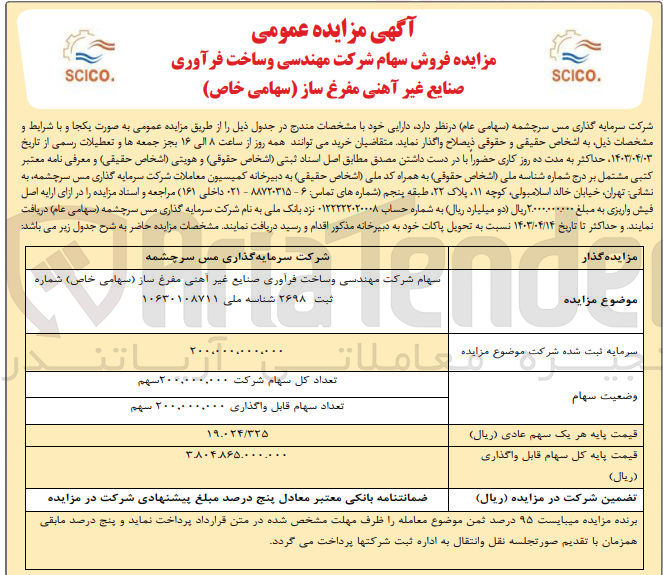 تصویر کوچک آگهی فروش سهام شرکت مهندسی و ساخت فرآوری صنایع غیر آهنی مفرغ ساز