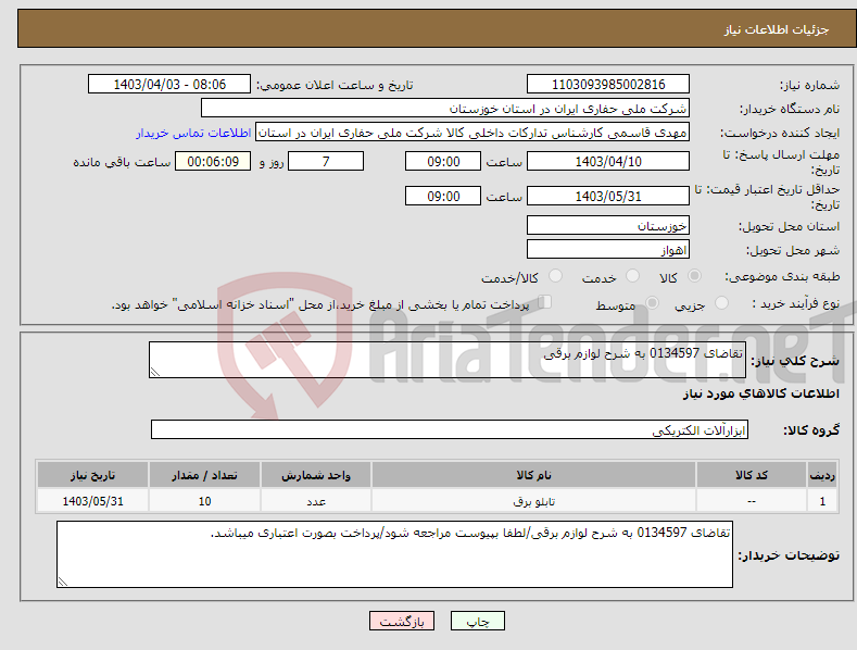 تصویر کوچک آگهی نیاز انتخاب تامین کننده-تقاضای 0134597 به شرح لوازم برقی