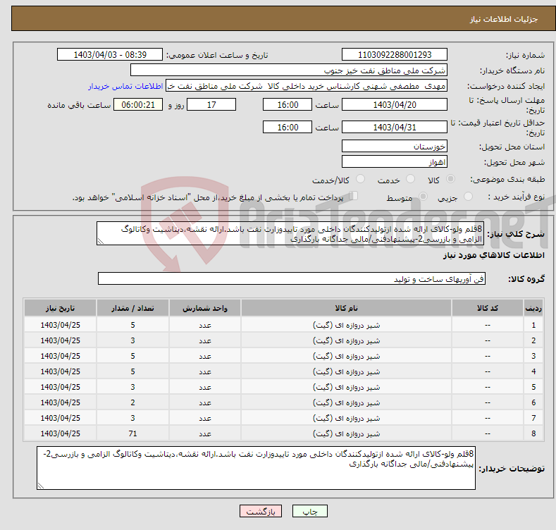 تصویر کوچک آگهی نیاز انتخاب تامین کننده-8قلم ولو-کالای ارائه شده ازتولیدکنندگان داخلی مورد تاییدوزارت نفت باشد.ارائه نقشه،دیتاشیت وکاتالوگ الزامی و بازرسی2-پیشنهادفنی/مالی جداگانه بارگذاری