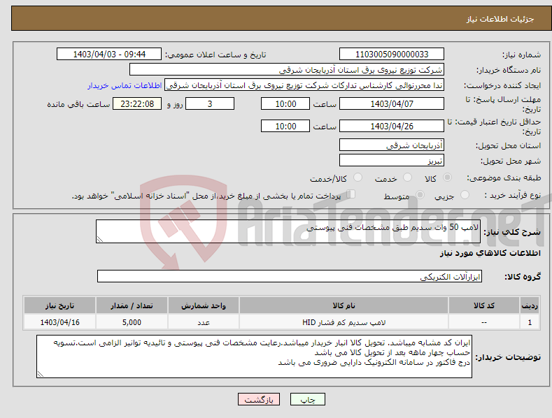 تصویر کوچک آگهی نیاز انتخاب تامین کننده-لامپ 50 وات سدیم طبق مشخصات فنی پیوستی