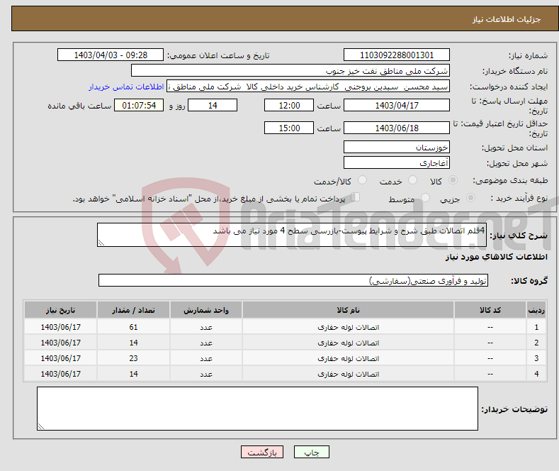 تصویر کوچک آگهی نیاز انتخاب تامین کننده-4قلم اتصالات طبق شرح و شرایط پیوست-بازرسی سطح 4 مورد نیاز می باشد