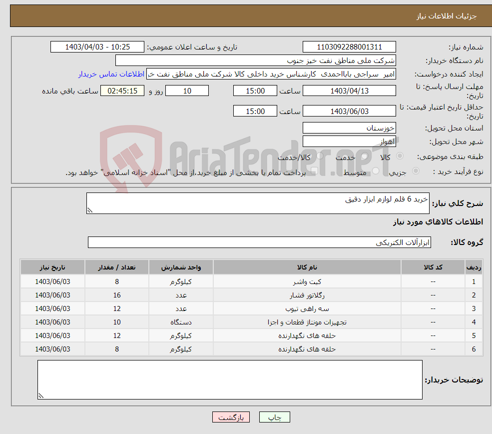 تصویر کوچک آگهی نیاز انتخاب تامین کننده-خرید 6 قلم لوازم ابزار دقیق 