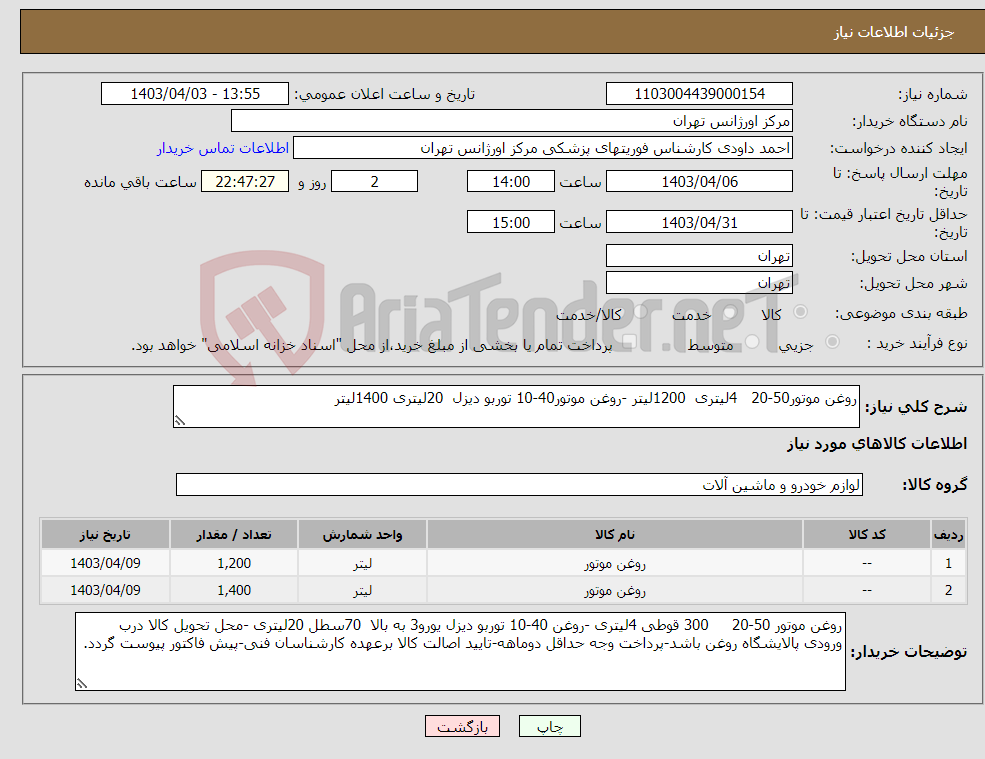 تصویر کوچک آگهی نیاز انتخاب تامین کننده-روغن موتور50-20 4لیتری 1200لیتر -روغن موتور40-10 توربو دیزل 20لیتری 1400لیتر