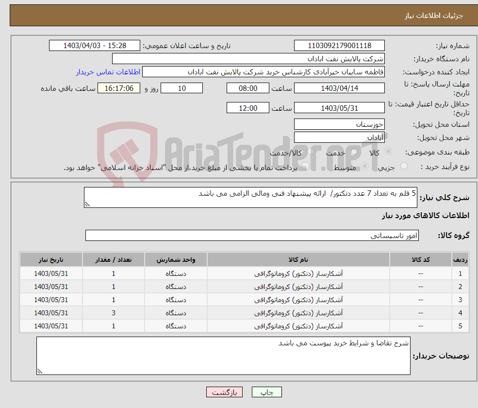 تصویر کوچک آگهی نیاز انتخاب تامین کننده-5 قلم به تعداد 7 عدد دتکتور/ ارائه پیشنهاد فنی ومالی الزامی می باشد