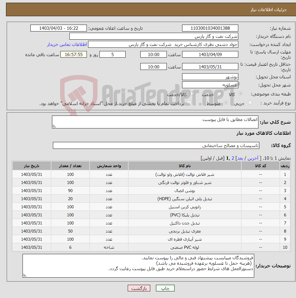 تصویر کوچک آگهی نیاز انتخاب تامین کننده-اتصالات مطابق با فایل پیوست