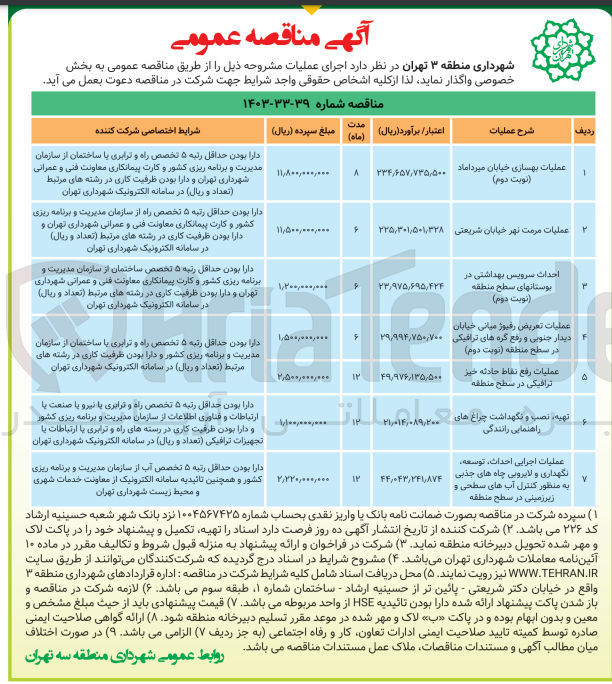 تصویر کوچک آگهی عملیات مرمت نهر خیابان شریعتی