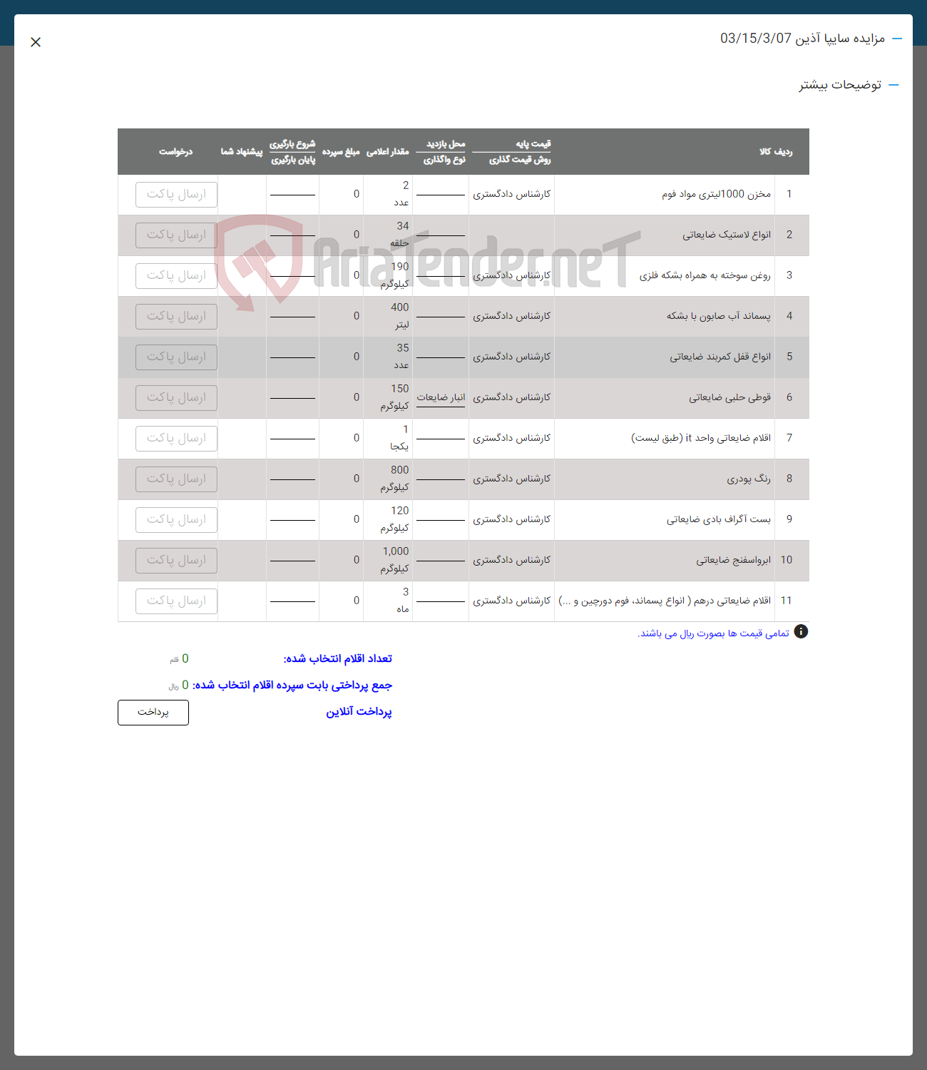 تصویر کوچک آگهی فروش اقلام در 11 ردیف : مخزن 1000 لیتری مواد فوم -انواع لاستیک ضایعاتی - روغن سوخته به همراه بشکه فلزی -پسماند آب صابون با بشکه-انواع قفل کمربند-قوطی حلبی -اقلام ضایعاتی واحد it -رنگ پودری -بست اگراف بادی -ابرواسفنج ضایعاتی- اقلام ضایعاتی درهم