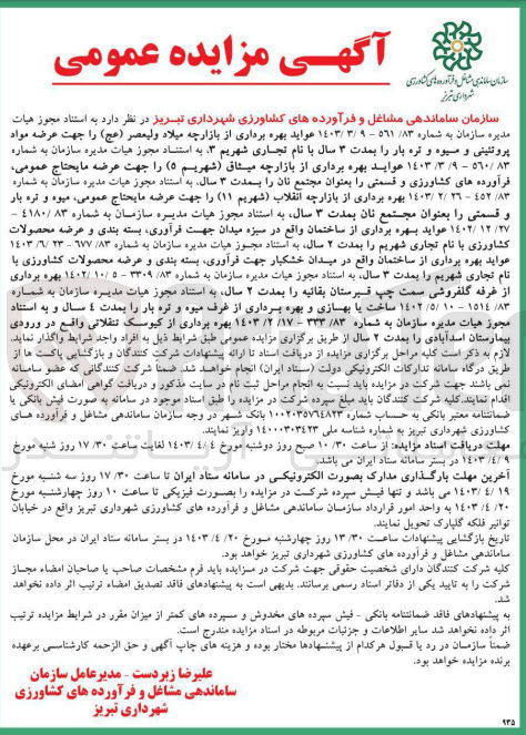 تصویر کوچک آگهی بهره برداری از بازارچه میلاد ولیعصر جهت عرضخ مواد پروتینی و میوه و تره بار به مدت سه سال 