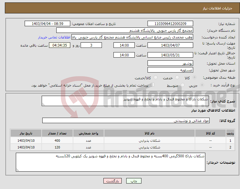 تصویر کوچک آگهی نیاز انتخاب تامین کننده-شکلات باراکا و مخلوط فندق و بادام و تخلخ و قهوه شونیز 