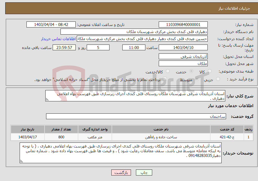 تصویر کوچک آگهی نیاز انتخاب تامین کننده-استان آذربایجان شرقی شهرستان ملکان روستای قلی کندی اجرای زیرسازی طبق فهرست بهاء اعلامی دهیاری .