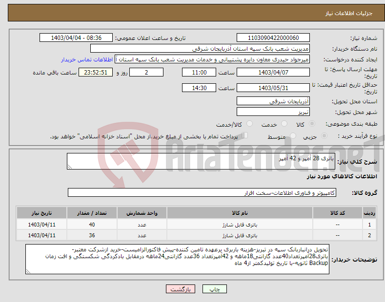 تصویر کوچک آگهی نیاز انتخاب تامین کننده-باتری 28 آمپر و 42 آمپر