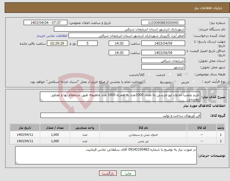 تصویر کوچک آگهی نیاز انتخاب تامین کننده-خرید ونصب جداول نیو جرسی به تعداد 1000عدد به همراه 1000 عدد ماهیچه طبق استعلام بها و تصاویر پیوستی