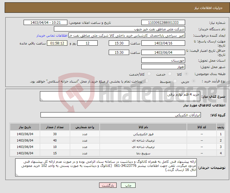 تصویر کوچک آگهی نیاز انتخاب تامین کننده-خرید 4 قلم لوازم برقی 