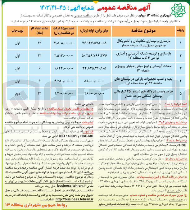 تصویر کوچک آگهی بازسازی و نوسازی مکانیکال و الکتریکال چاههای عمیق پارک سرخه حصار 