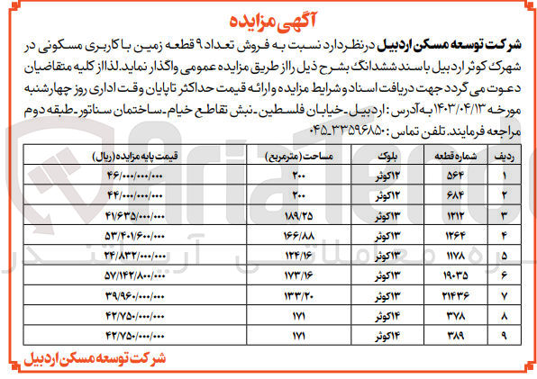 تصویر کوچک آگهی فروش تعداد ۹ قطعه زمین با کاربری مسکونی در شهرک کوثر اردبیل با سند ششدانگ