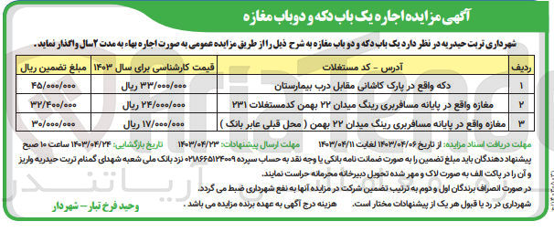 تصویر کوچک آگهی اجاره یک باب دکه و دو باب مغازه به مدت 2 سال