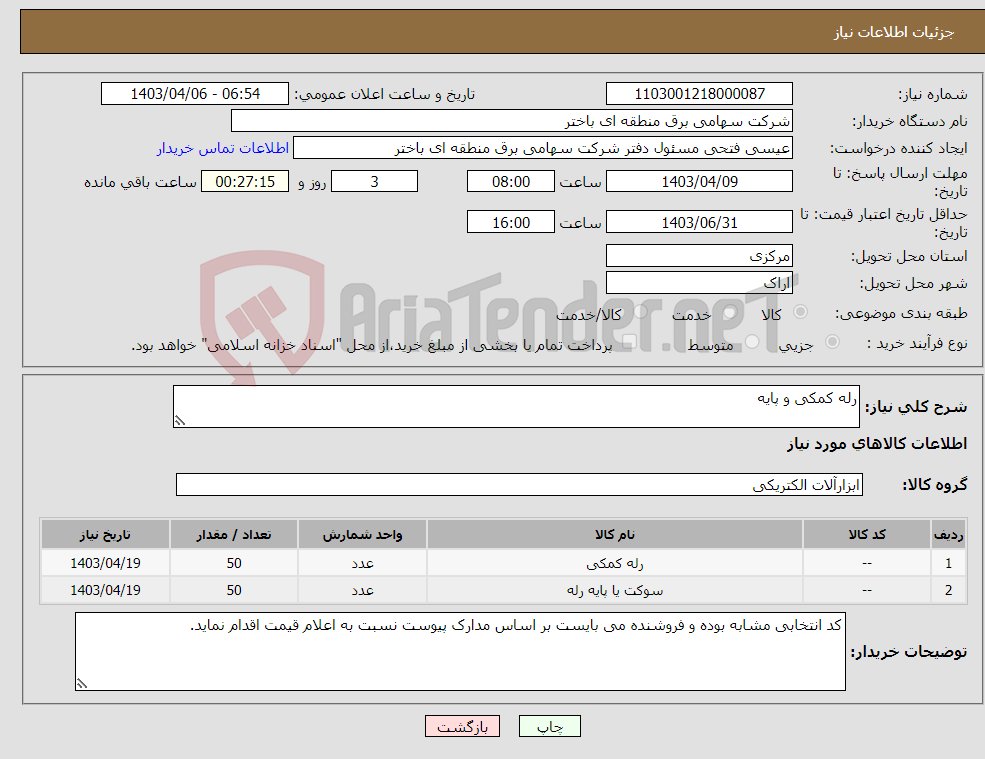 تصویر کوچک آگهی نیاز انتخاب تامین کننده-رله کمکی و پایه