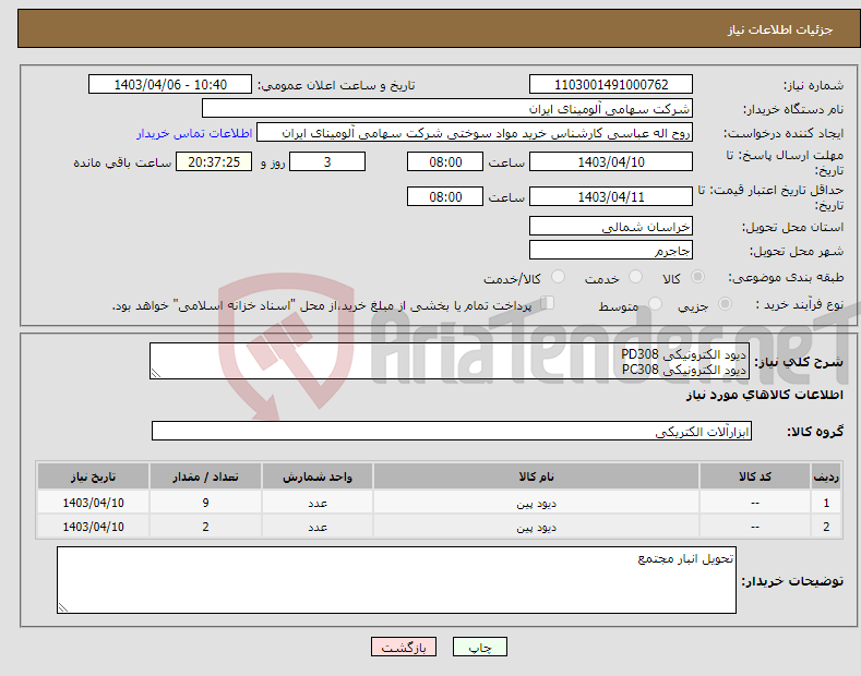 تصویر کوچک آگهی نیاز انتخاب تامین کننده-دیود ‎الکترونیکی‏ ‎PD308‏ دیود ‎الکترونیکی‏ ‎PC308‏