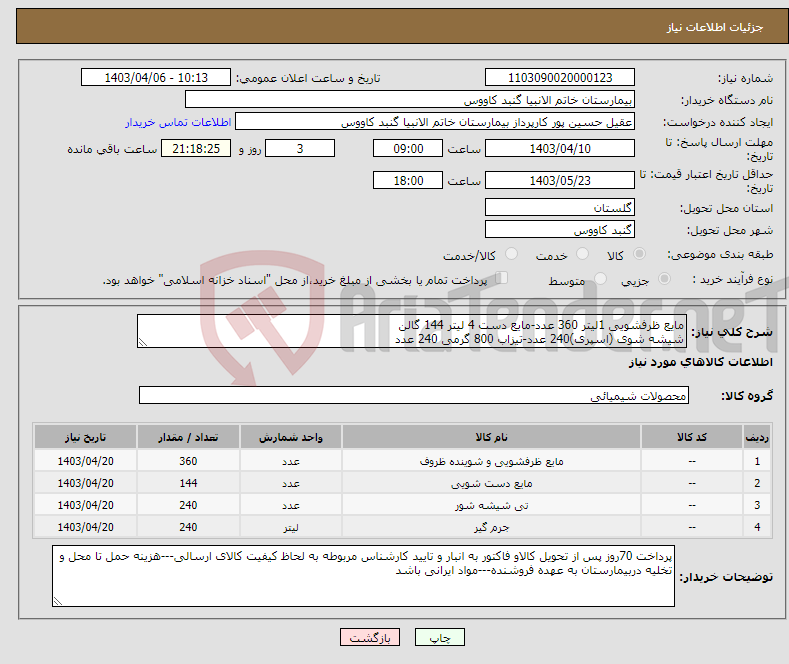 تصویر کوچک آگهی نیاز انتخاب تامین کننده-مایع ظرفشویی 1لیتر 360 عدد-مایع دست 4 لیتر 144 گالن شیشه شوی (اسپری)240 عدد-تیزاب 800 گرمی 240 عدد