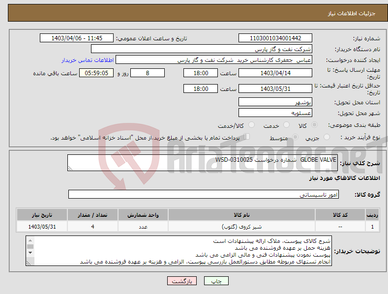 تصویر کوچک آگهی نیاز انتخاب تامین کننده-GLOBE VALVE شماره درخواست WSD-0310025
