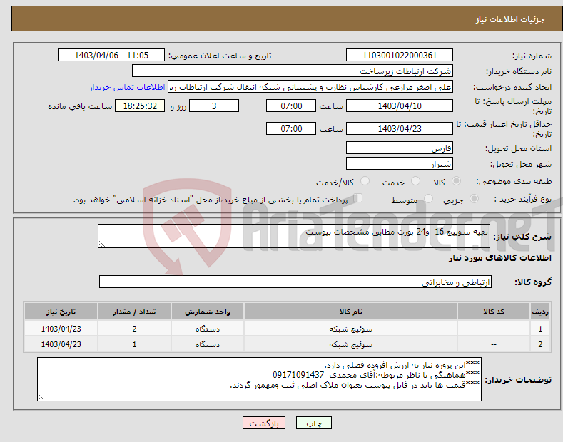 تصویر کوچک آگهی نیاز انتخاب تامین کننده-تهیه سوییچ 16 و24 پورت مطابق مشخصات پیوست