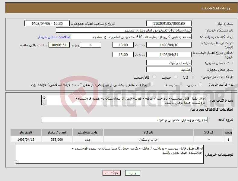 تصویر کوچک آگهی نیاز انتخاب تامین کننده-اوراق طبق فایل پیوست - پرداخت 7 ماهه - هزینه حمل تا بیمارستان به عهده فروشنده - فروشنده حتما بومی باشد. 