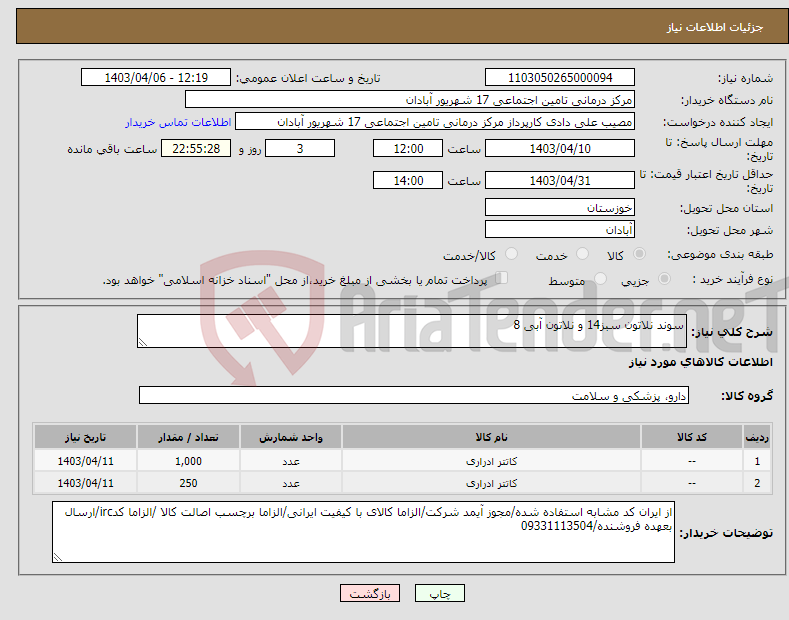 تصویر کوچک آگهی نیاز انتخاب تامین کننده-سوند نلاتون سبز14 و نلاتون آبی 8