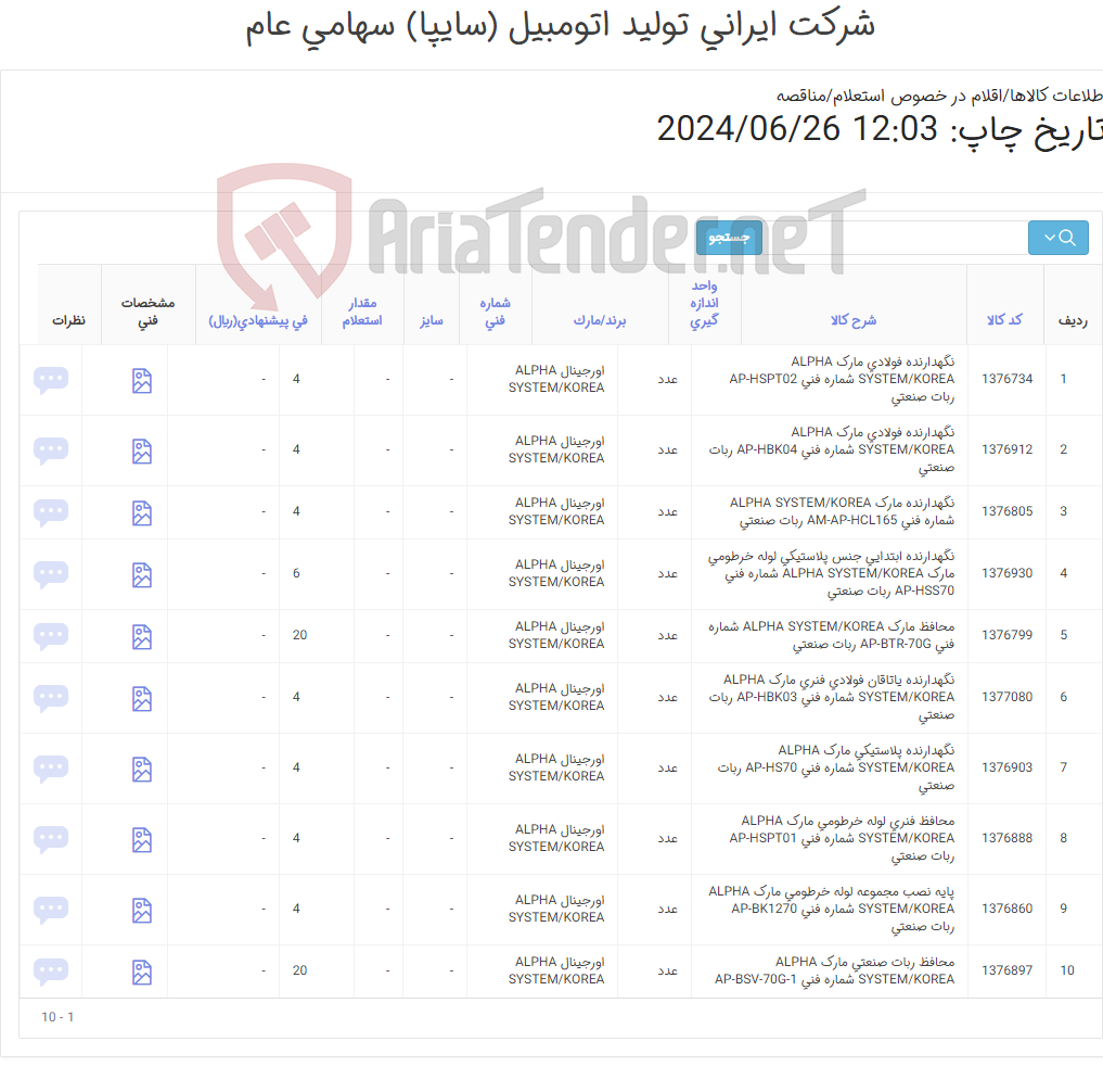 تصویر کوچک آگهی تامین ده ردیف کالاهای یدکی ربات صنعتی ALPHA SYSTEM‎‎