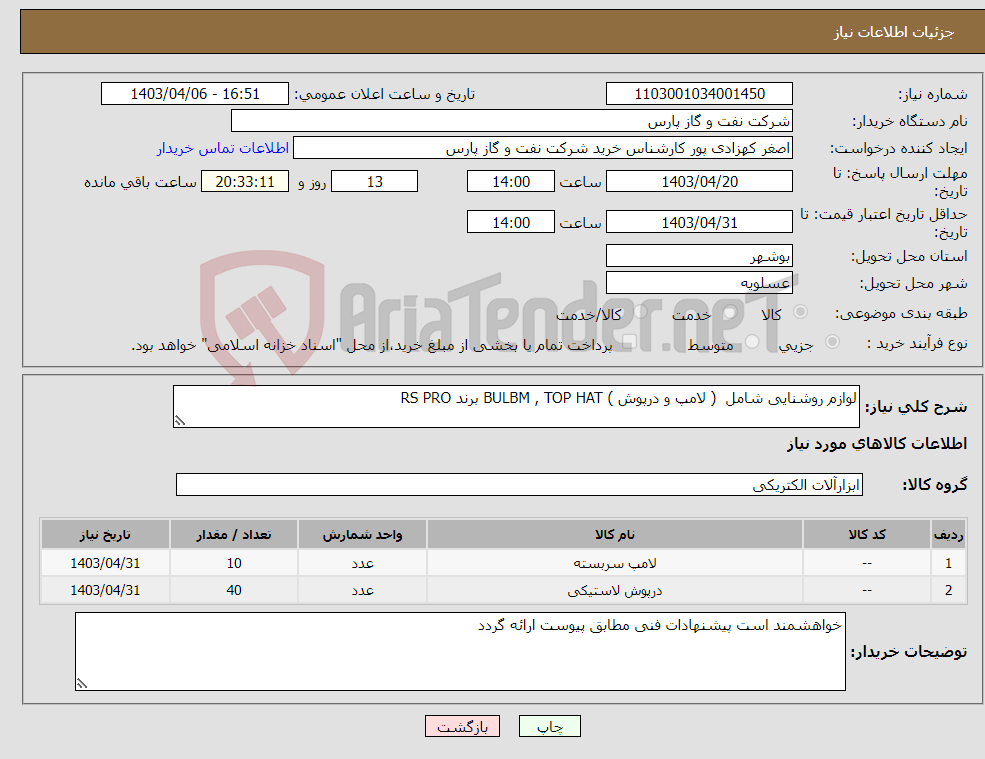 تصویر کوچک آگهی نیاز انتخاب تامین کننده-لوازم روشنایی شامل ( لامپ و درپوش ) BULBM , TOP HAT برند RS PRO