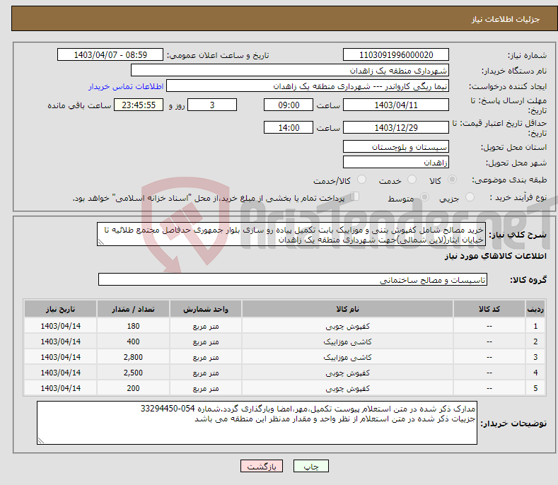 تصویر کوچک آگهی نیاز انتخاب تامین کننده-خرید مصالح شامل کفپوش بتنی و موزاییک بابت تکمیل پیاده رو سازی بلوار جمهوری حدفاصل مجتمع طلائیه تا خیابان ایثار(لاین شمالی)جهت شهرداری منطقه یک زاهدان