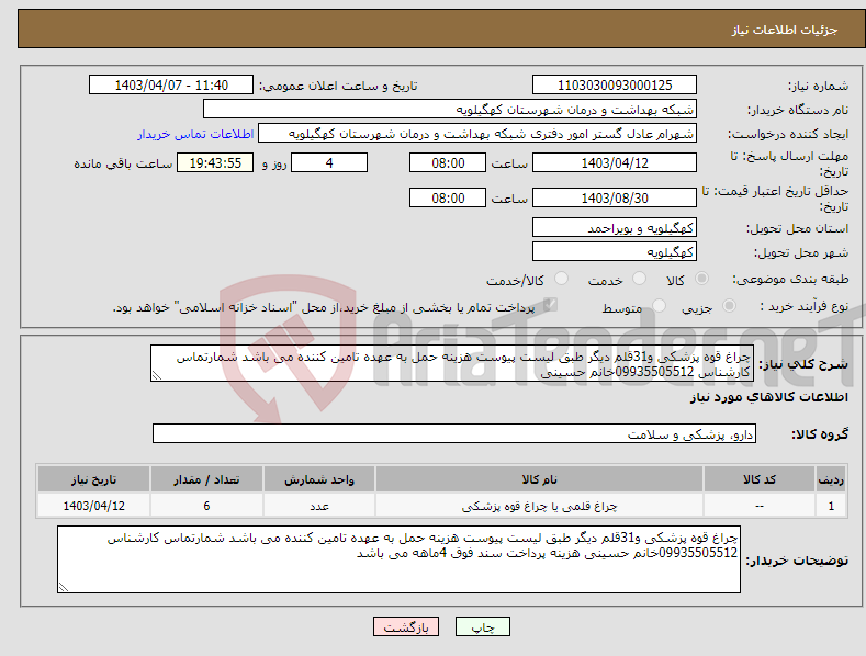 تصویر کوچک آگهی نیاز انتخاب تامین کننده-چراغ قوه پزشکی و31قلم دیگر طبق لیست پیوست هزینه حمل به عهده تامین کننده می باشد شمارتماس کارشناس 09935505512خانم حسینی 