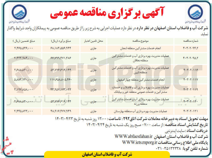 تصویر کوچک آگهی عملیات مدیریت بهره برداری آب و خدمات مشترکین منطقه ورزنه
