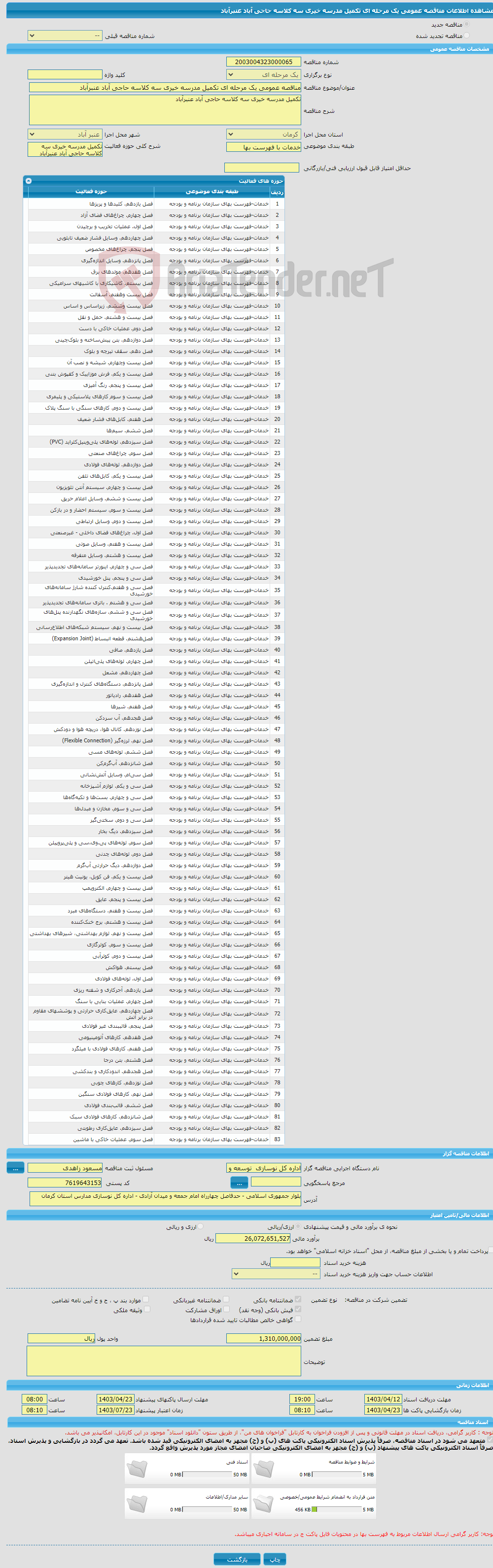 تصویر کوچک آگهی مناقصه عمومی یک مرحله ای تکمیل مدرسه خیری سه کلاسه حاجی آباد عنبرآباد